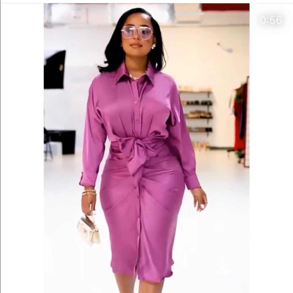 Draped Front Tie Shirt Midi Satin Dress